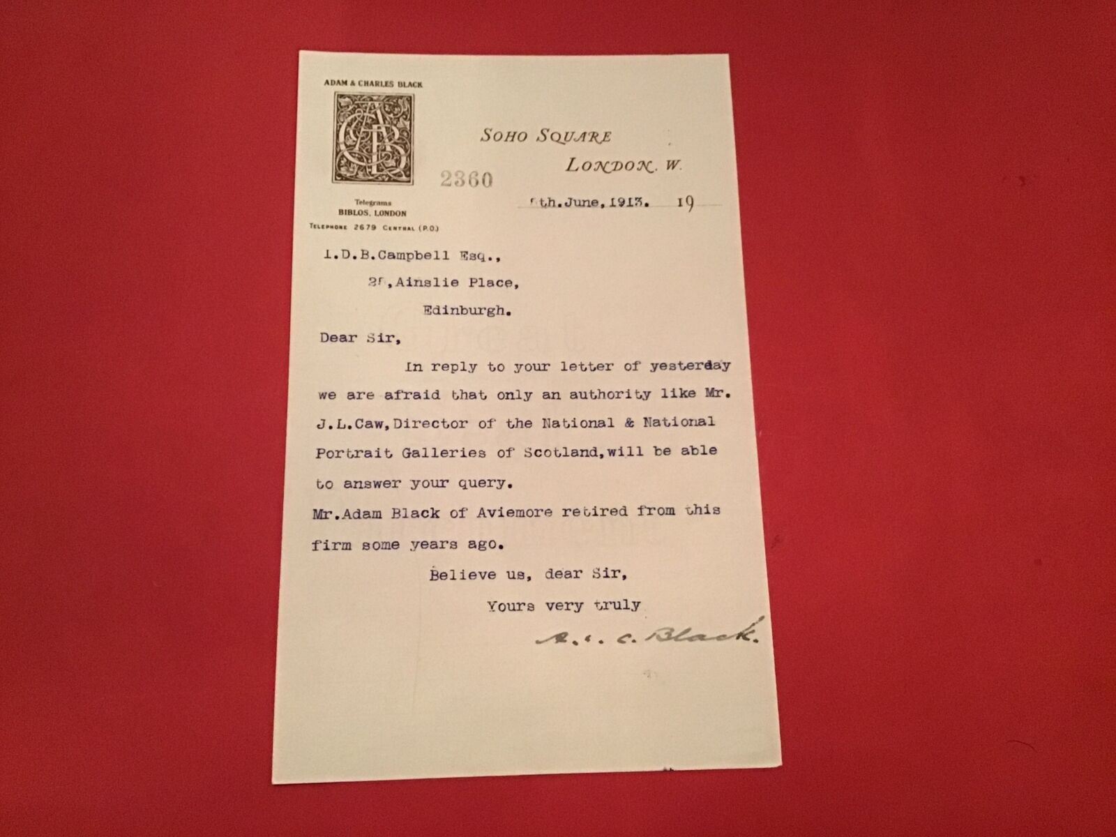 Adam & Charles Black London 1913 Letter  R35309