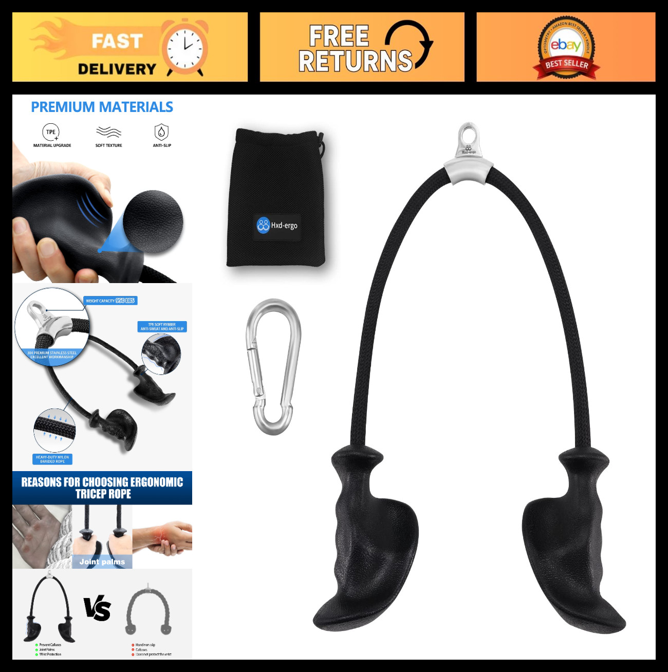 Ergonomic 36" Tricep Rope Cable Attachment for Gym & Home, Pulley System, Fitnes