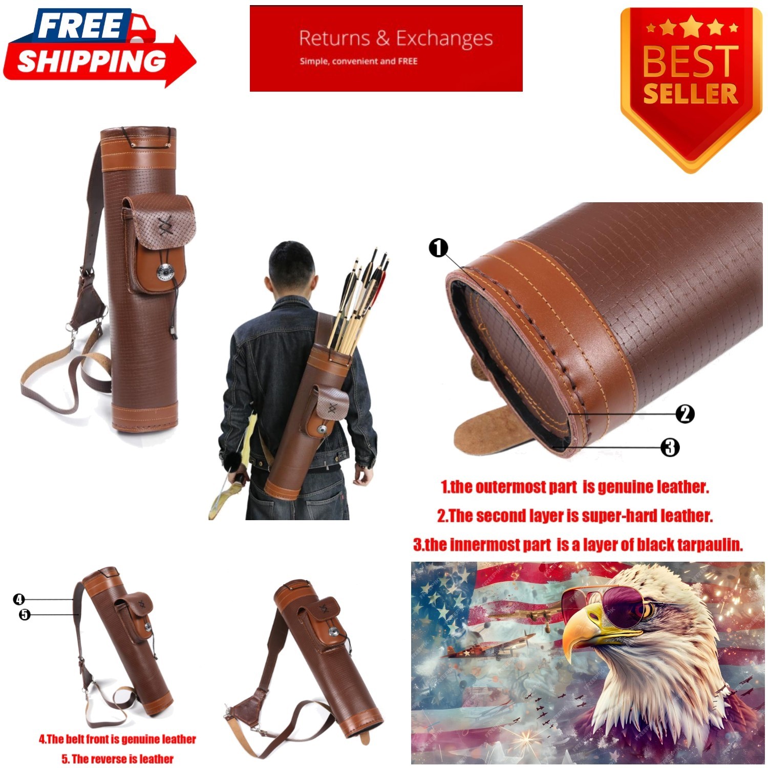 Stylish Brown Leather Arrow Quiver - Compact Design with Multiple Compartments