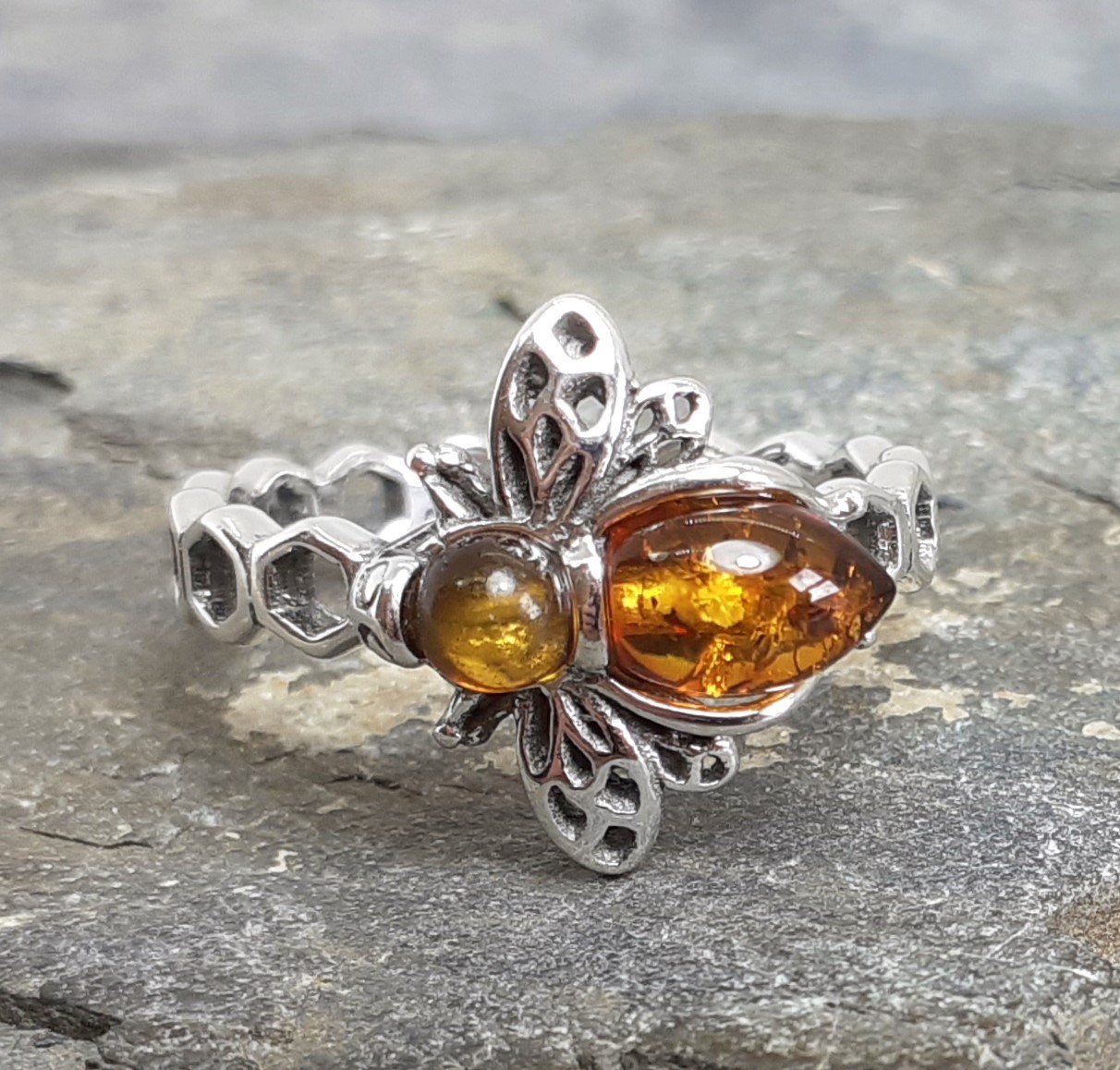 925 Silver BALTIC AMBER Bumble Bee Honeycomb Ring Sz L,M,N,O,S,U R933~Silverwave