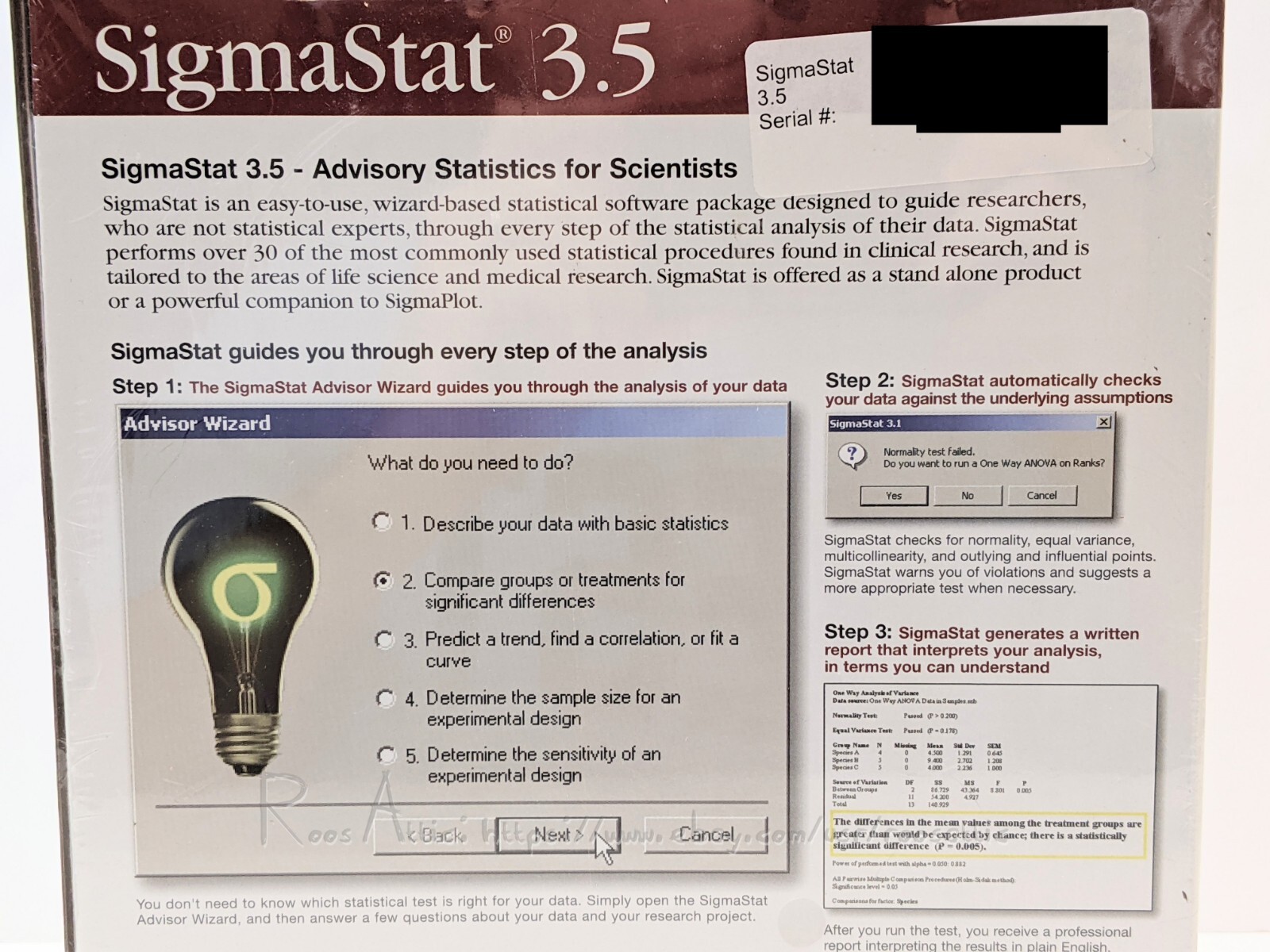 SYSTAT SigmaStat 3.5 Advisory Statistics for Scientist: Windows XP 2000 NT (NEW)