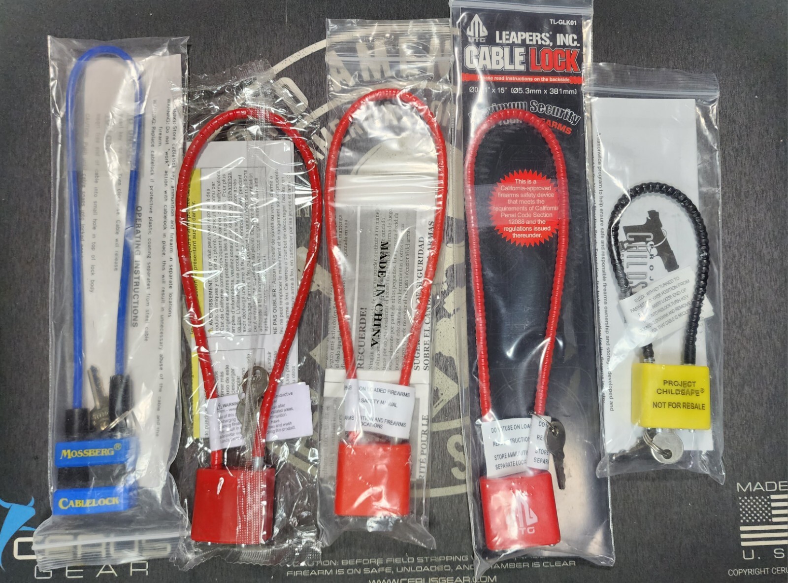 Lot of 5 NEW Cable Lock Gun Rifle / Firearm Locks - Blue Red Yellow Safety Keys