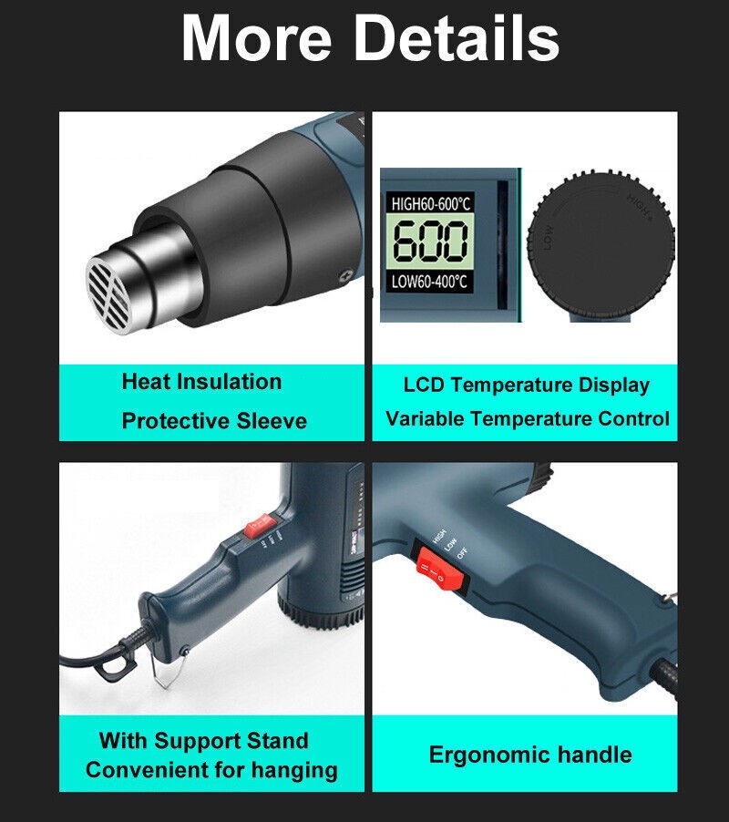2500W Heat Gun Electric Hot Air Gun w/ Dual-Temperature LCD Show 4 Nozzles Tool