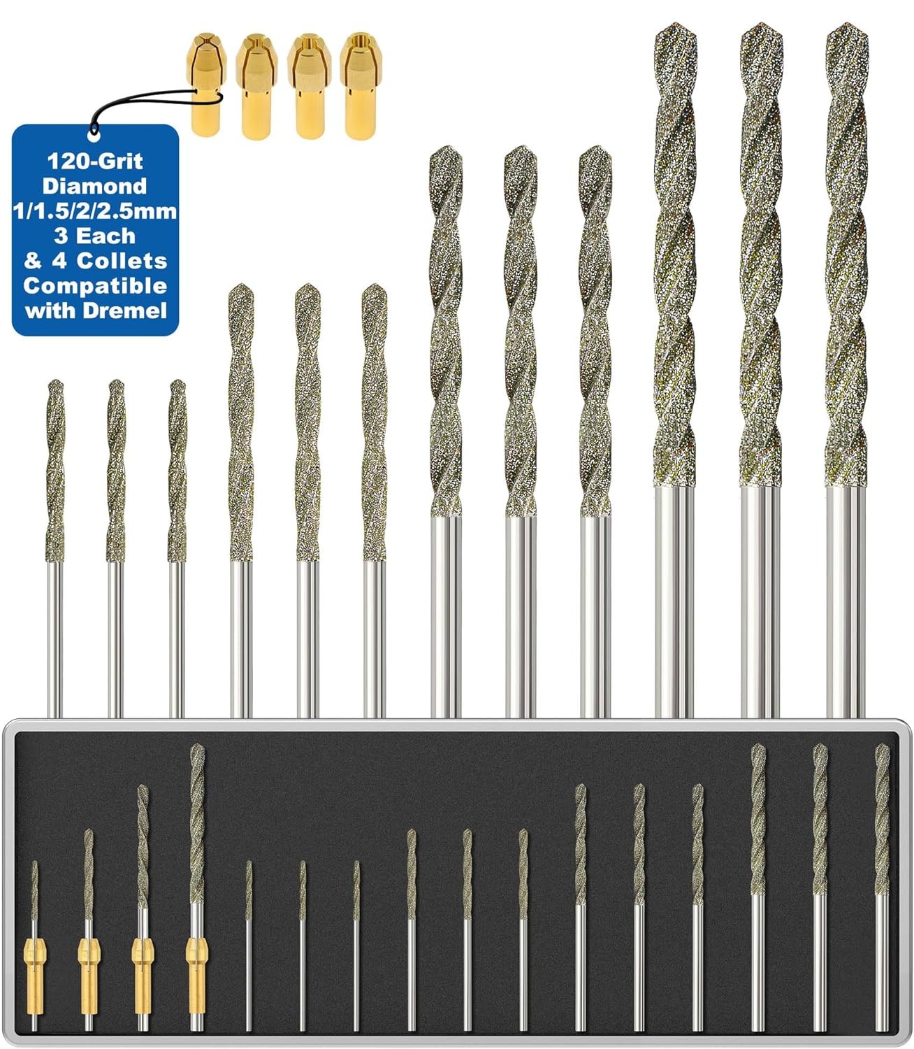 12PCS Diamond Drill Bits Set 1–3mm 120-Grit with Collets for Dremel Rotary Too