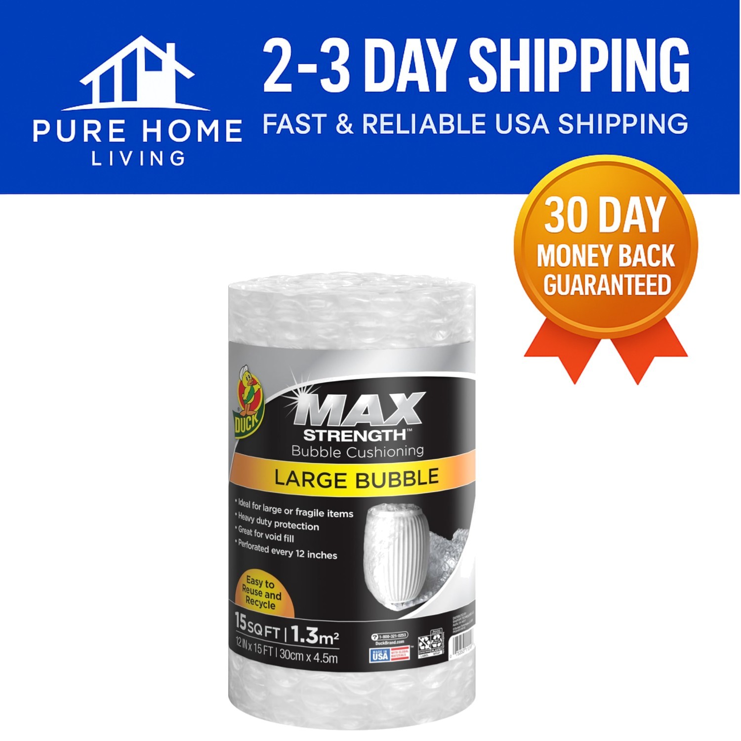 Max Strength 15 FT Large Bubble Cushioning Wrap - Heavy Duty Packing Protection