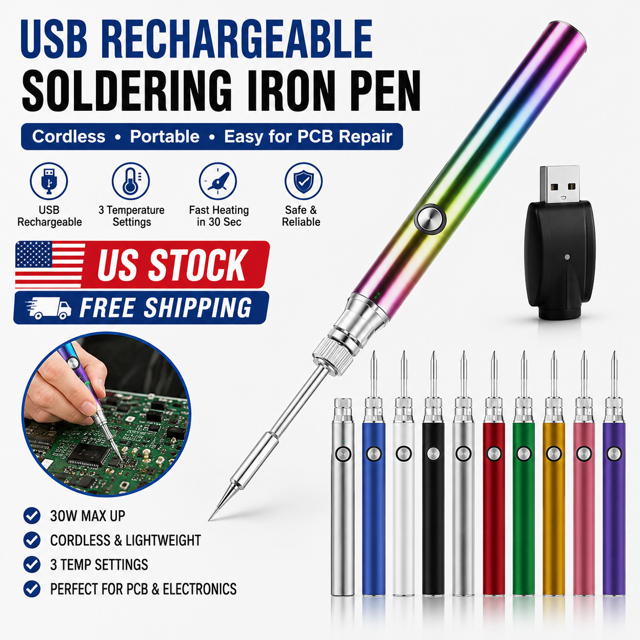 1100mAh USB Rechargeable Cordless Soldering Iron Pen Kit with 3 Temp Settings US