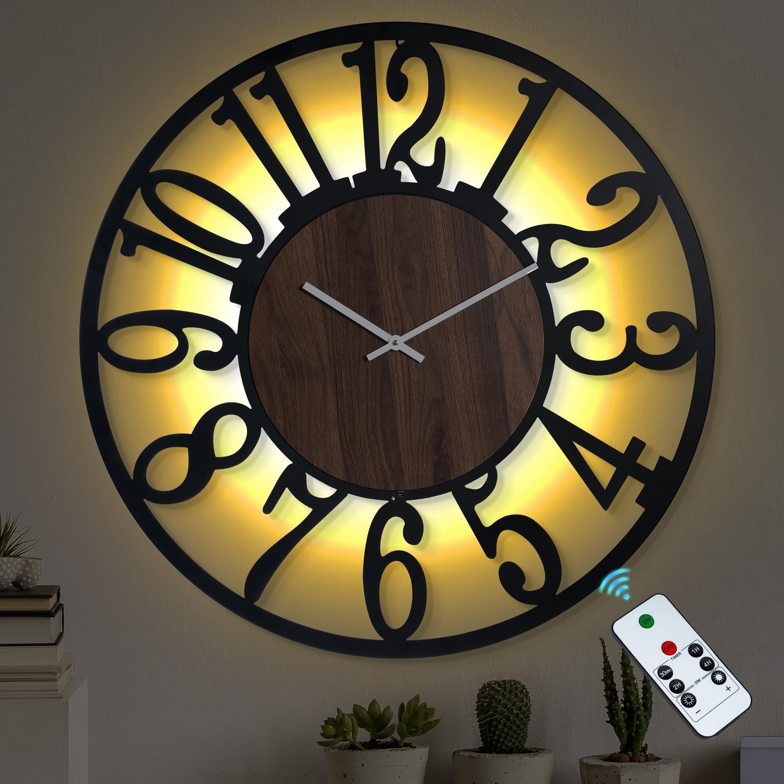 LEIKE Large Wall Clock 32'' Lighted Rustic Wood Clock with Remote Timer, Sile...