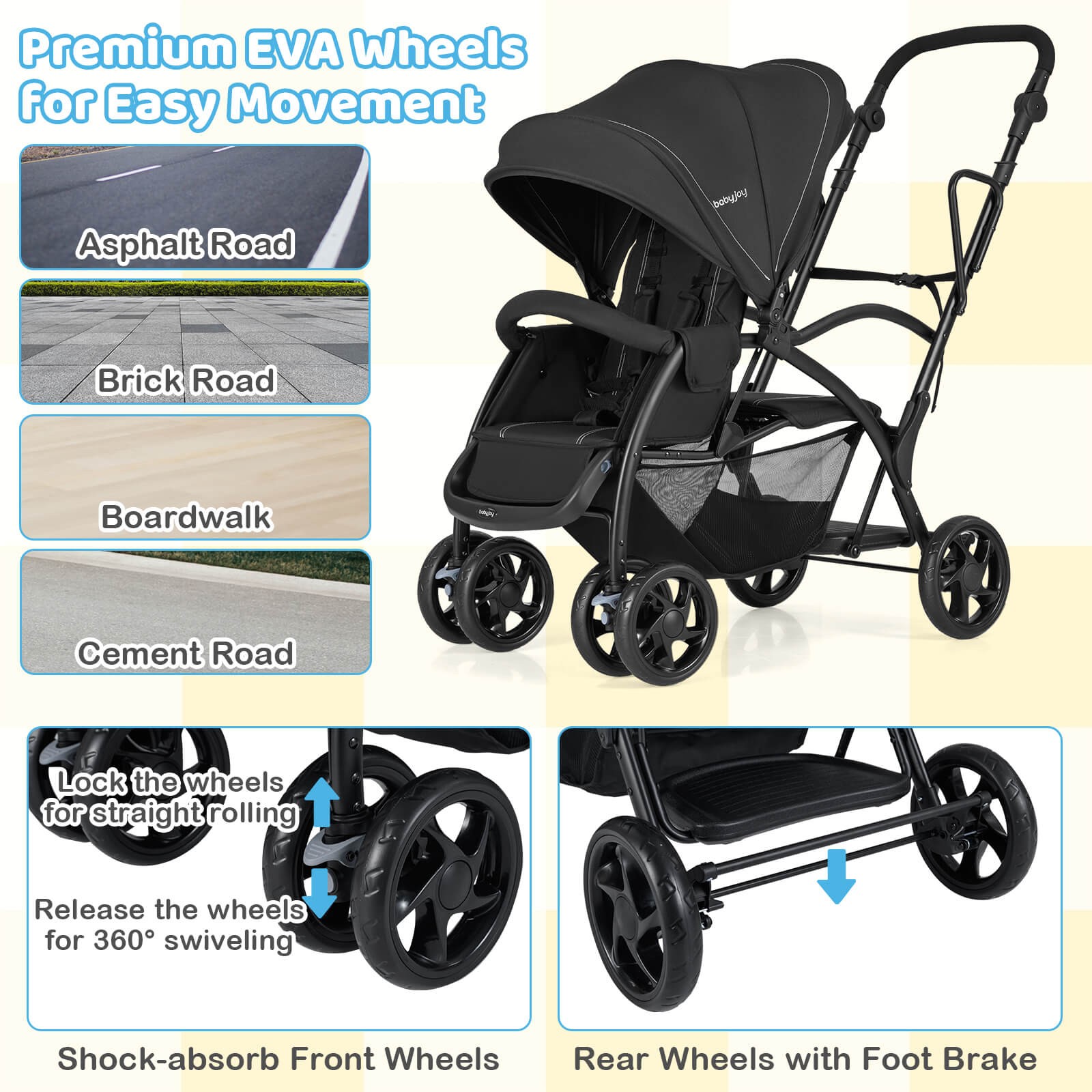 Sit & Stand Double Stroller w/Adjustable Handle Bar Backrests Footrest Canopies