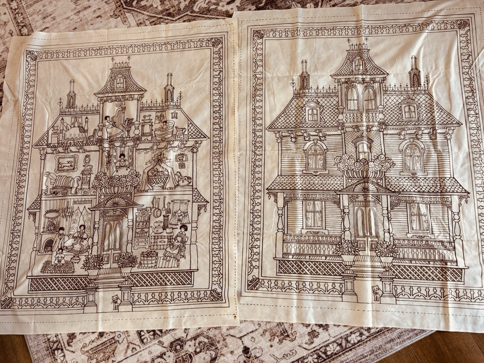 TWO ~ 1978 Fabric Panels VICTORIAN DOLLHOUSE 32x40 Janet McCaffery Painted Lady