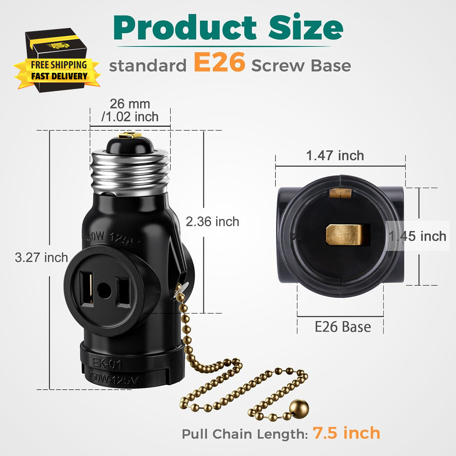UL Listed E26 to 2 Polarized Outlet Socket Adapter, Pull Chain Switch Control Li