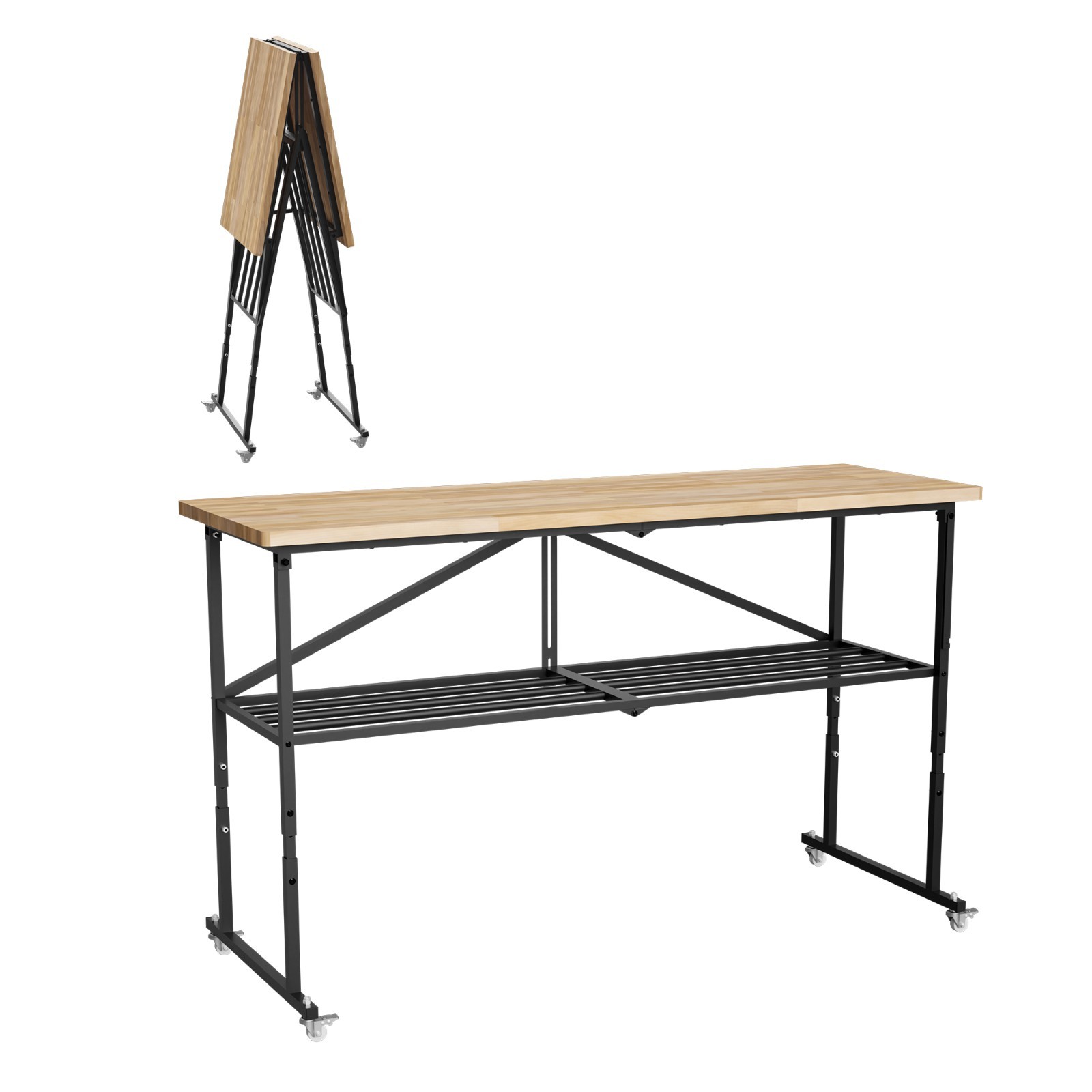 Heavy-Duty Folding Butcher-Block Workbench Locking Casters Portable Steel Frame