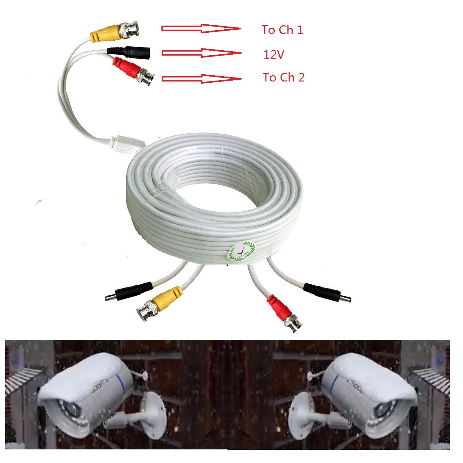 White Premium 60ft Power & Video Cable for 2 CCTV Camera use/ Zmodo/Swann/Qsee