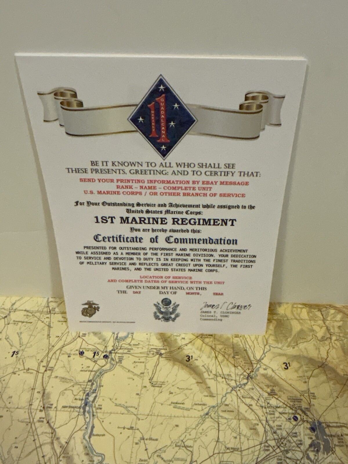 U.S. MARINE CORPS / 1ST MARINE REGIMENT (1 MARDIV) - CERTIFICATE OF COMMENDATION