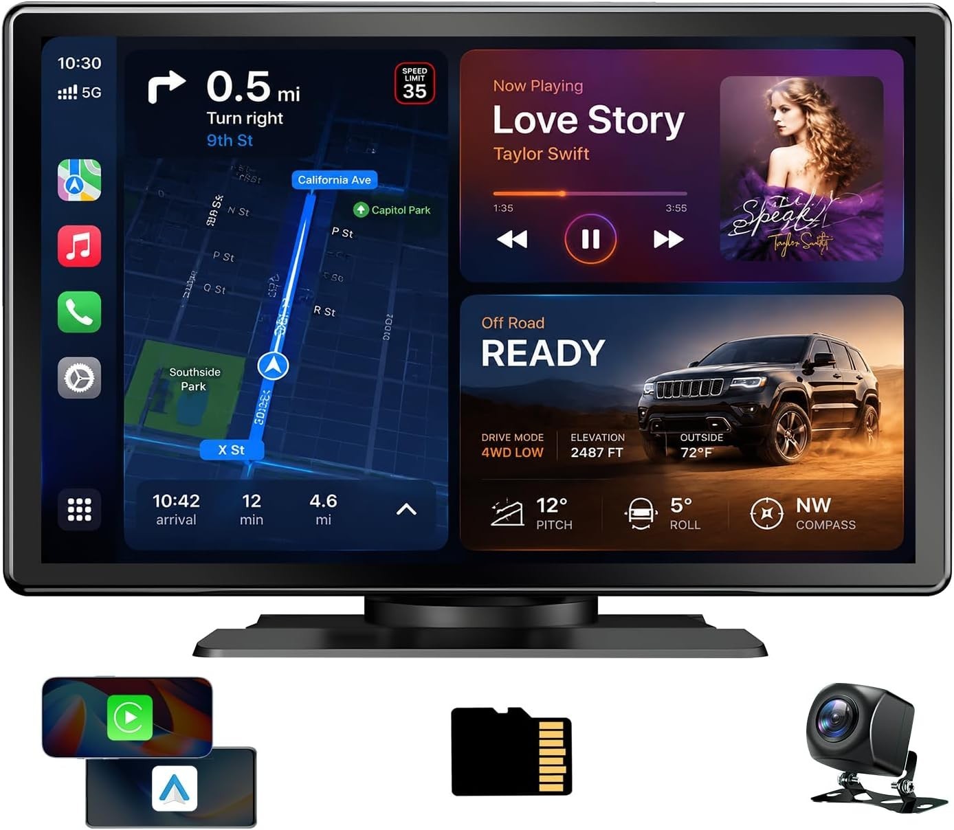 9" Wireless CarPlay Screen 4K Dash Cam 1080P Backup Camera GPS Android Auto