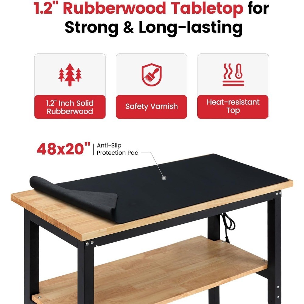 48" Heavy Duty Workbench, Adjustable Height Garage Work Bench with Solid