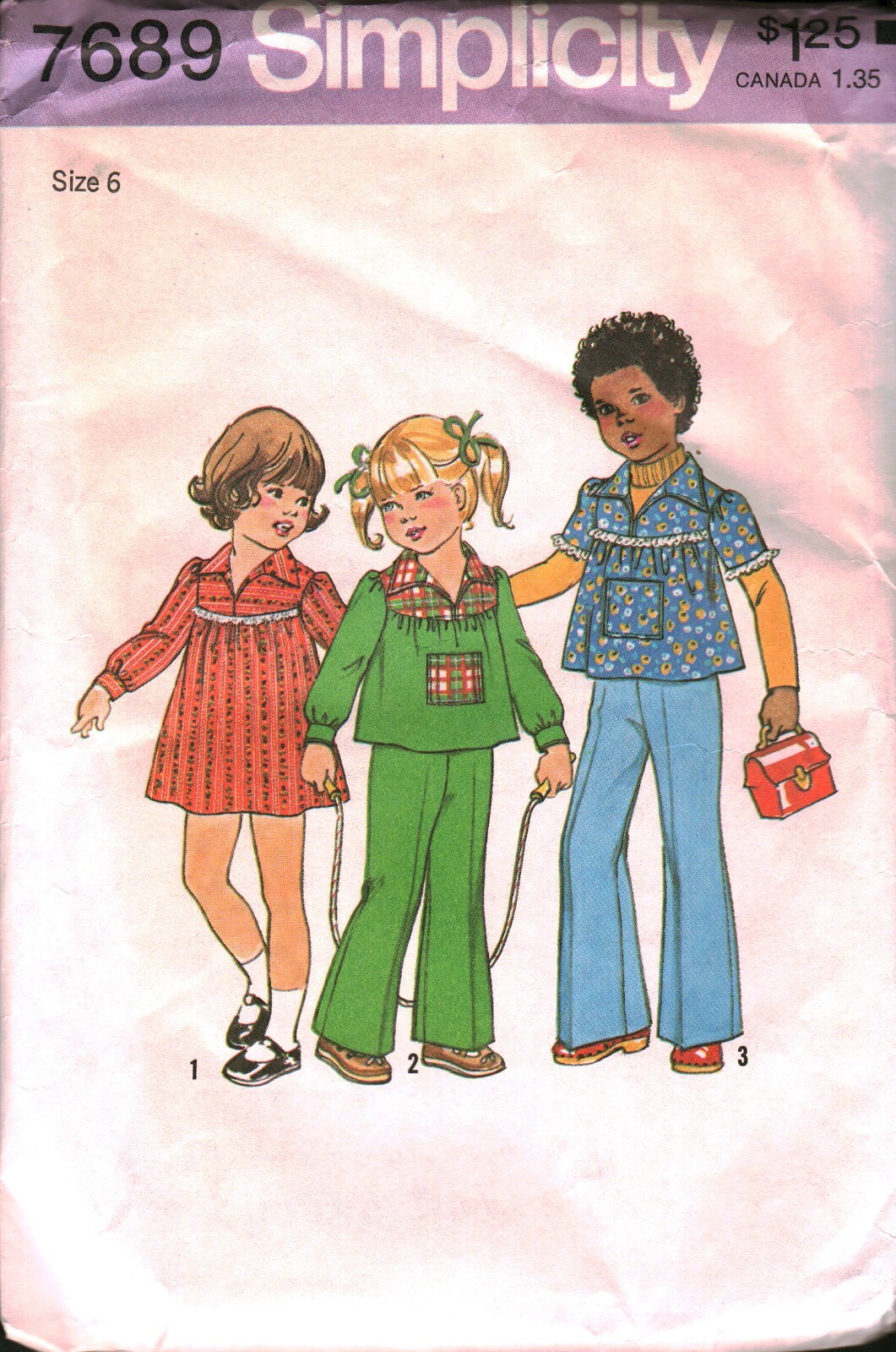 7689 Vintage Simplicity Sewing Pattern Girls 1970s Dress Top Pants Casual Play