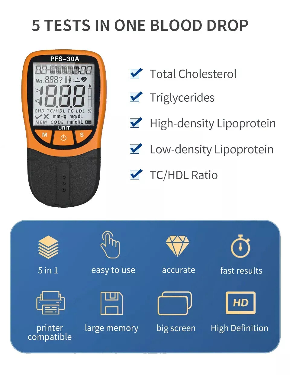 URIT 5-in-1 Lipid Meter Cholesterol Triglyceride Analyzer with 20 Test Strips