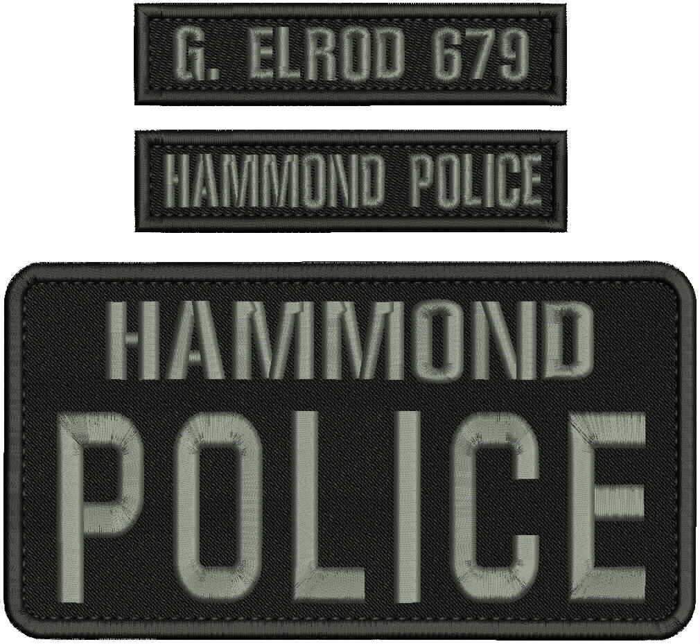 HAMMOND POLICE 3 EMBROIDERY PATCHES 4X8 AND 1X5'' HOOK ON BACK GRAY ON BLACK