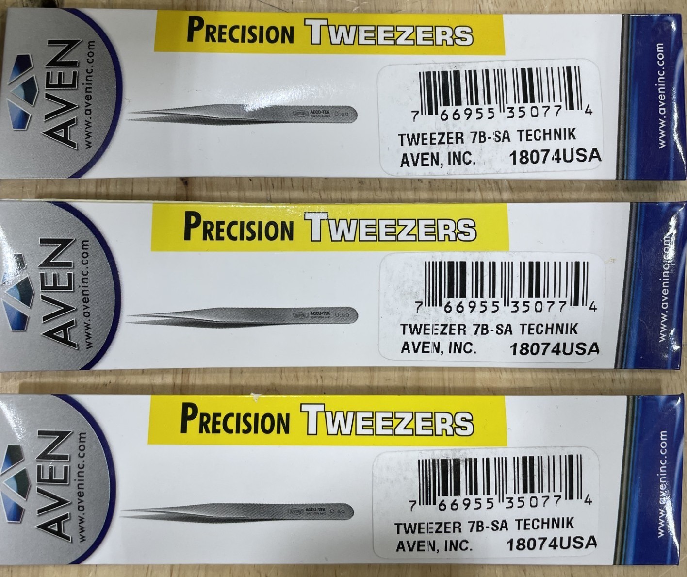 Aven 18074USA Technik Tweezers 7B-SA, Stainless Steel, Curved, Ultra Fine, Lot/3