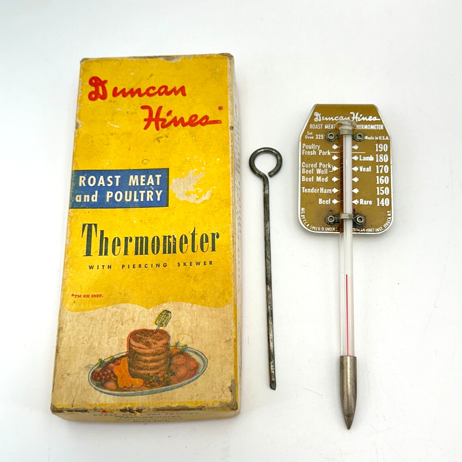 DUNCAN HINES DH-7 Roast Meat Poultry Thermometer Box Skewer 1960s Vintage