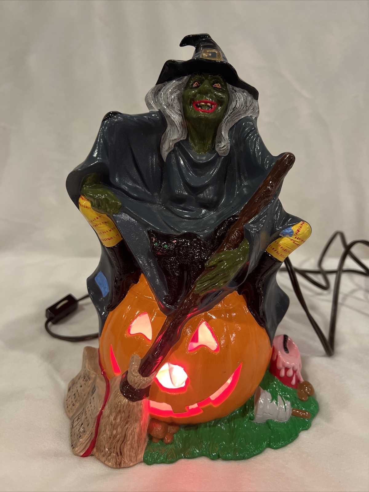 Vintage Halloween Witch Sitting On Pumpkin With Cat Ceramic Byron Molds 1972