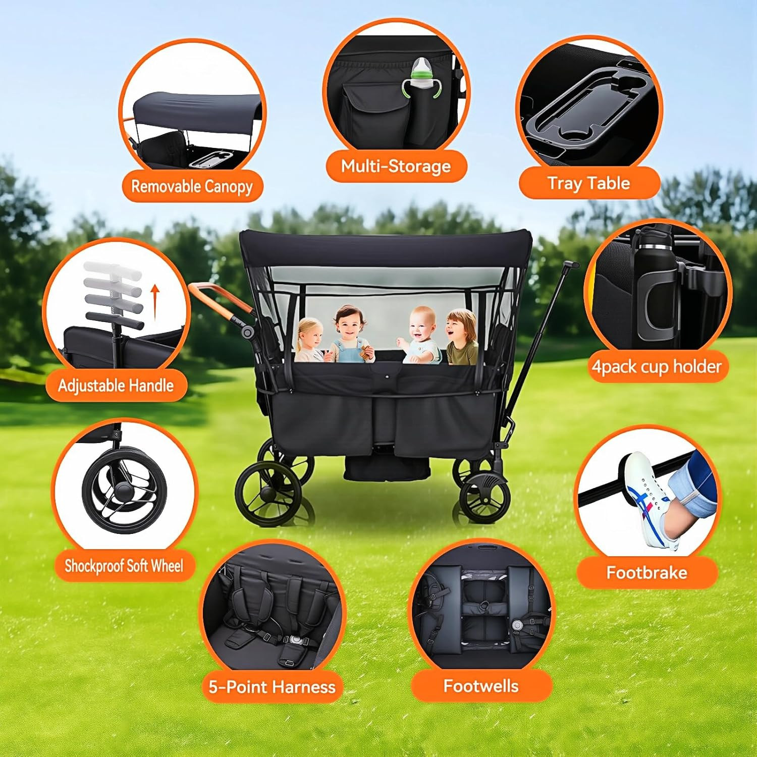 Stroller Wagon for 4 Kids Seated-Tandem Fold Stroller Push-Pull Lightweight Trav