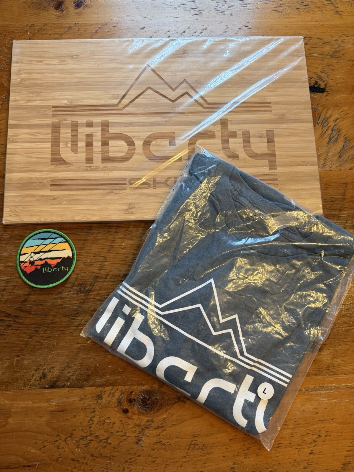 Liberty Skis Bamboo brand Sign, LG T Shirt and Iron On Patch and 4 Sticker Sheet