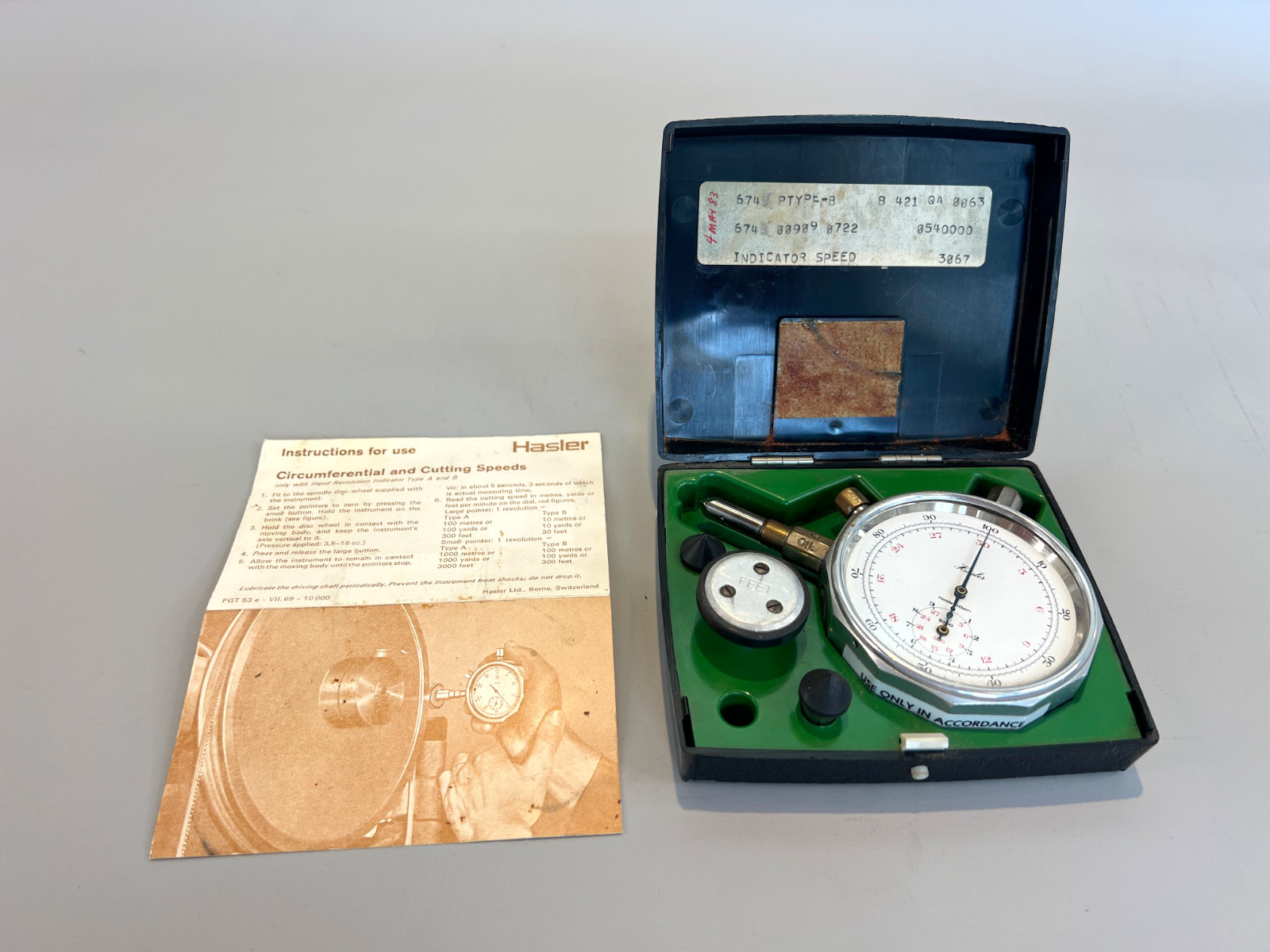 Hasler Hand Speed Indicator Switzerland with 2 Rubber Tips, Wheel, and Case