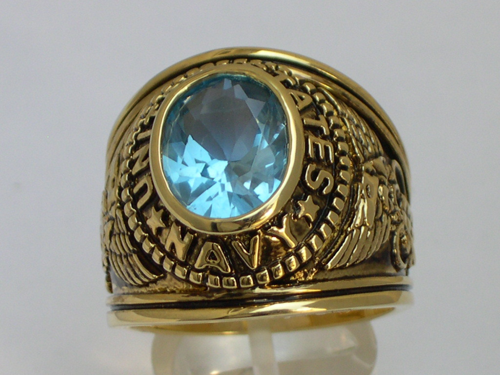 12x10 mm United States Navy Military March Aqua Marine Stone Men Ring Size 7-15