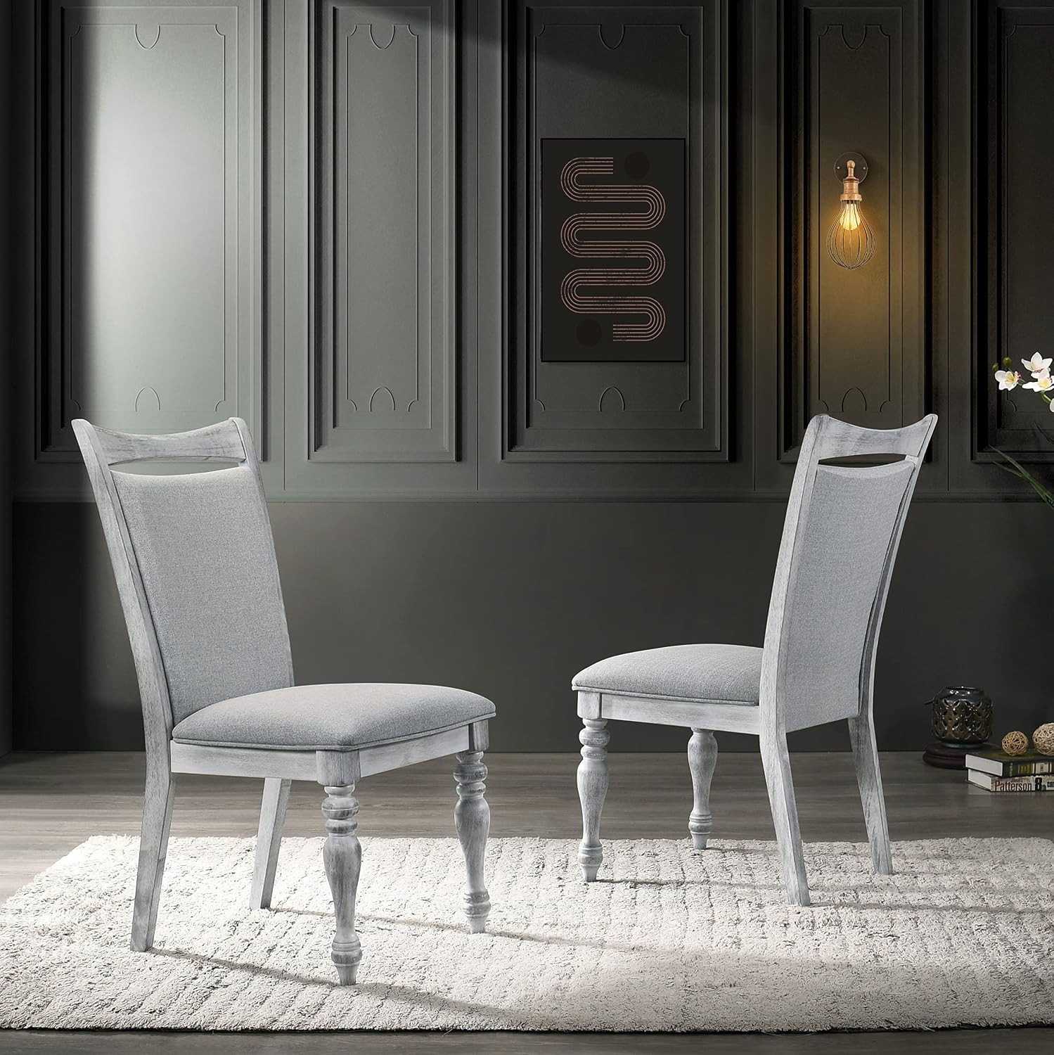 Salines 5-Piece Dining Table Set with 4 Upholstered Chairs, Rustic White