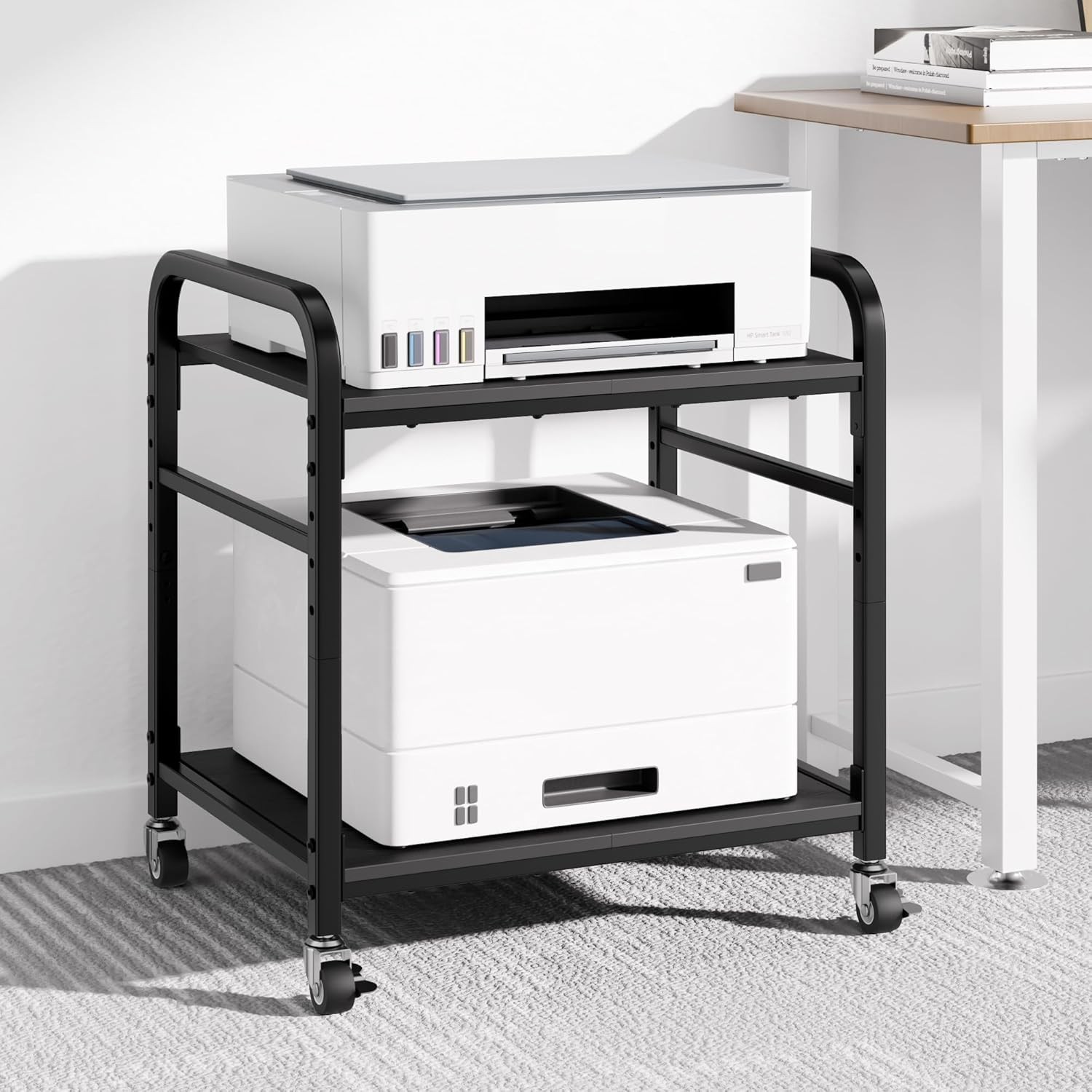 2 Tier Under Desk Printer Stand W/ Storage 22" Rolling Printer Cart W/ Lockable