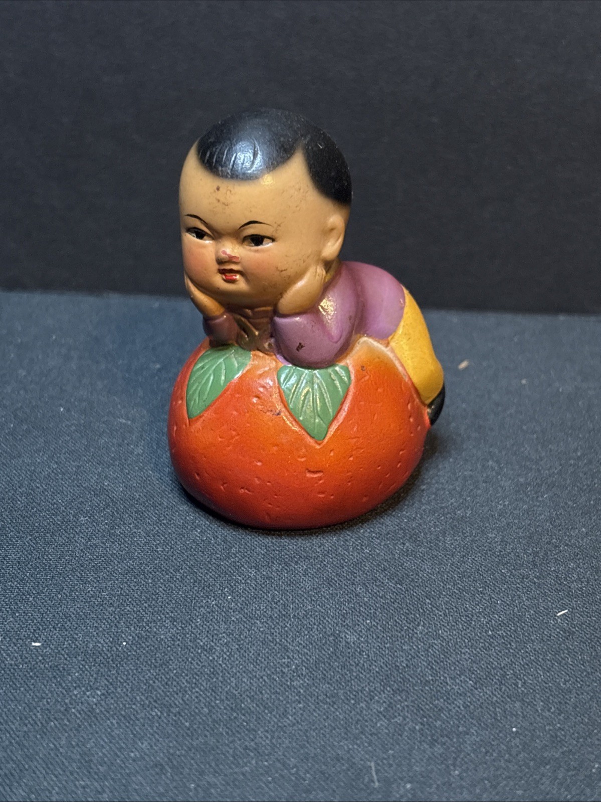 Vintage Painted Wood Asian Baby Boy On Orange Pencil Sharpener China