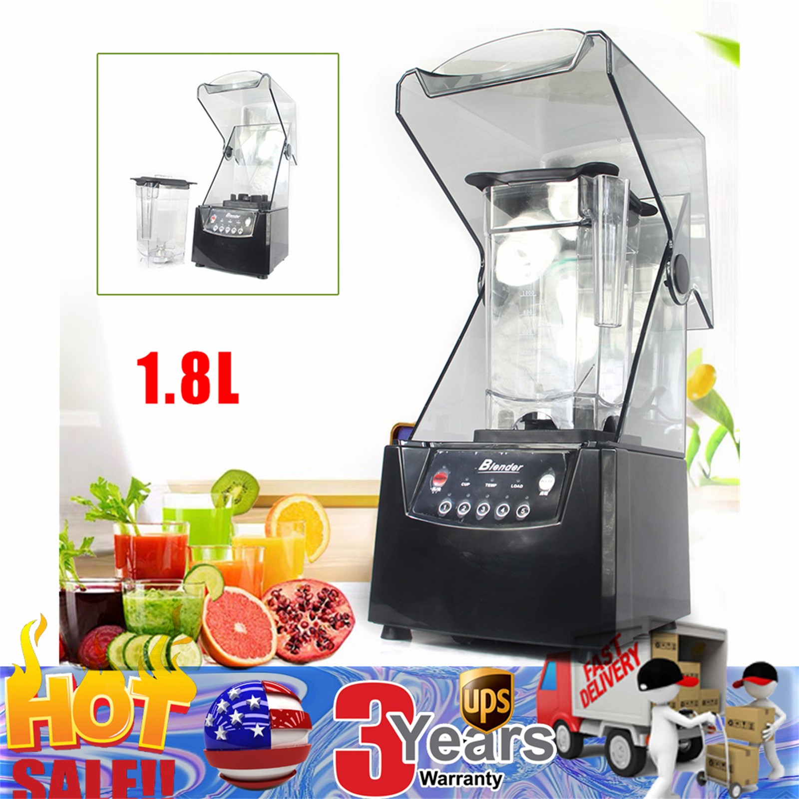 2600W Heavy-duty Commercial Blender With Shield Quiet Sound Enclosure 1.8L 110V