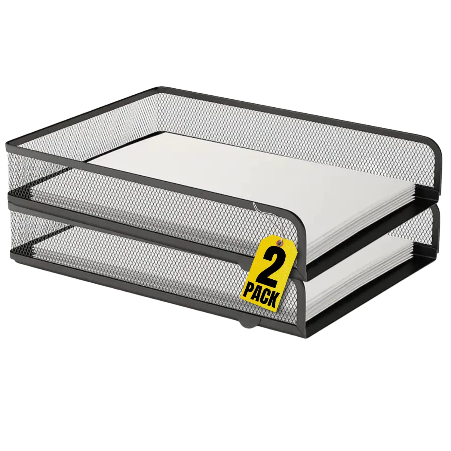 2 Pack Desk Trays Stackable Letter Tray Matte Black Wire Mesh Front-Load