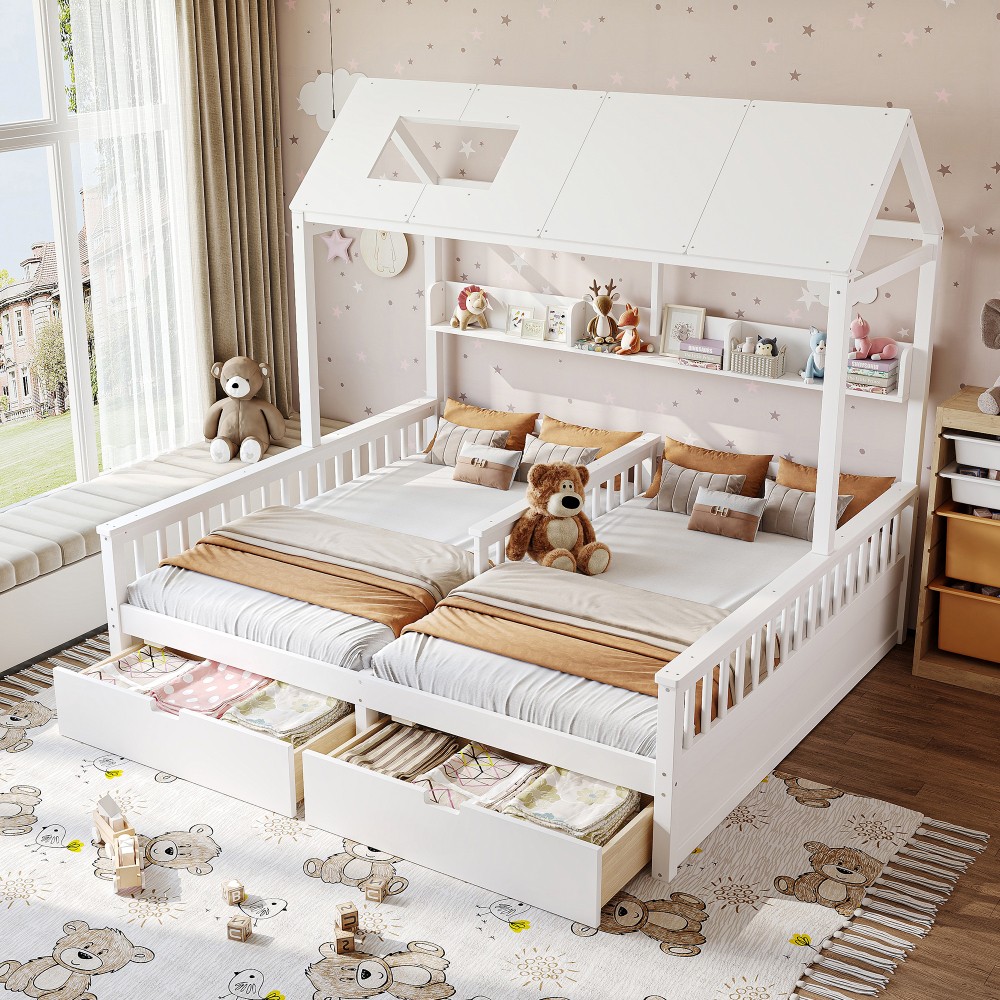 White Double Twin Platform Bed w/ Storage Shelves & Drawers