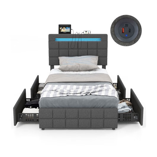 Upholstered LED Bed Frame with Headboard and 4 Drawers-Twin Size - Color: Gray -