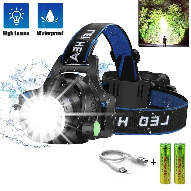 25000LM LED Headlamp Rechargeable Headlight Zoomable Head Torch Lamp Flashlight
