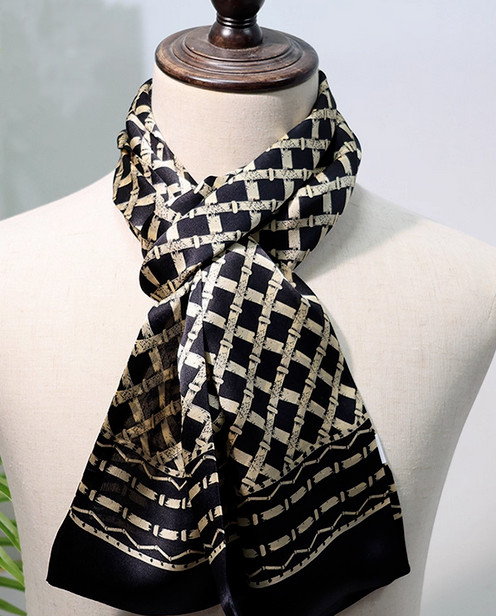 100% Silk men women Scarf neckerchief Wrap long plaid beige black soft MY116-24