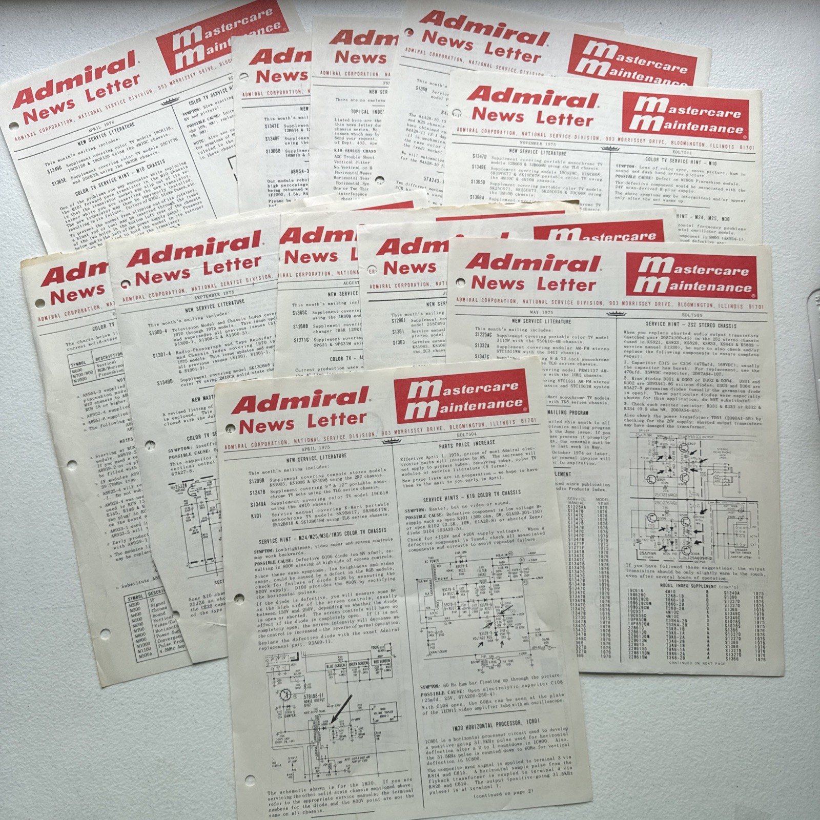 Lot Of 11 Admiral Mastercare Maintenance 1975/1976 News Letters