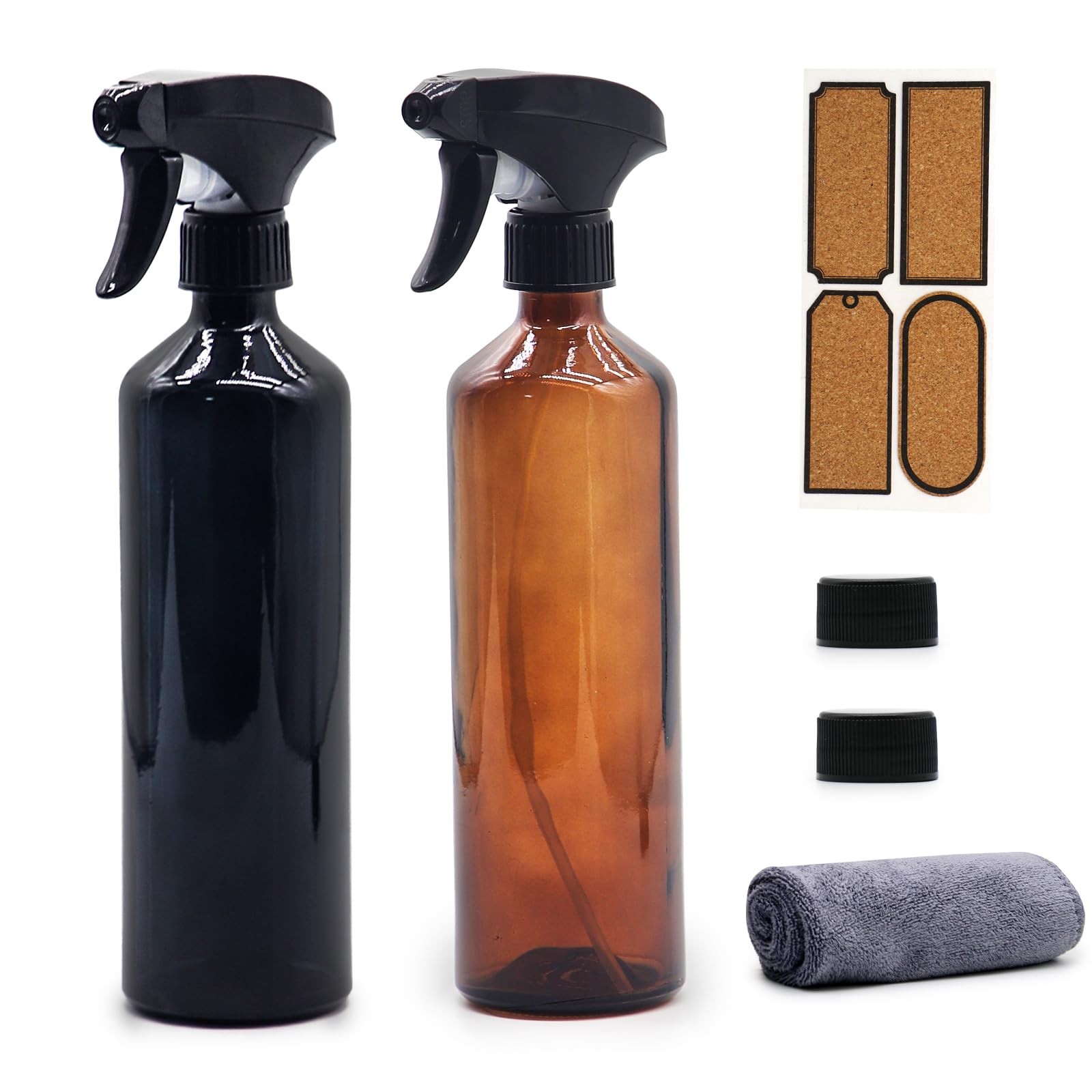 16 oz Glass Spray Bottles 2 Pack, Continuous Mist, Adjustable Nozzle, Amber