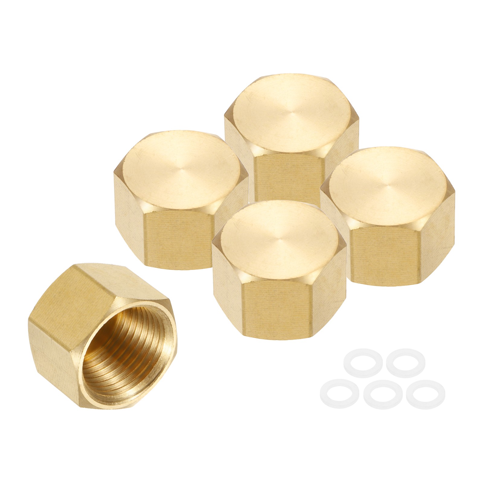 5pcs Brass Pipe Fitting Hex Head Plug G3/8" with Gasket, Gold Tone