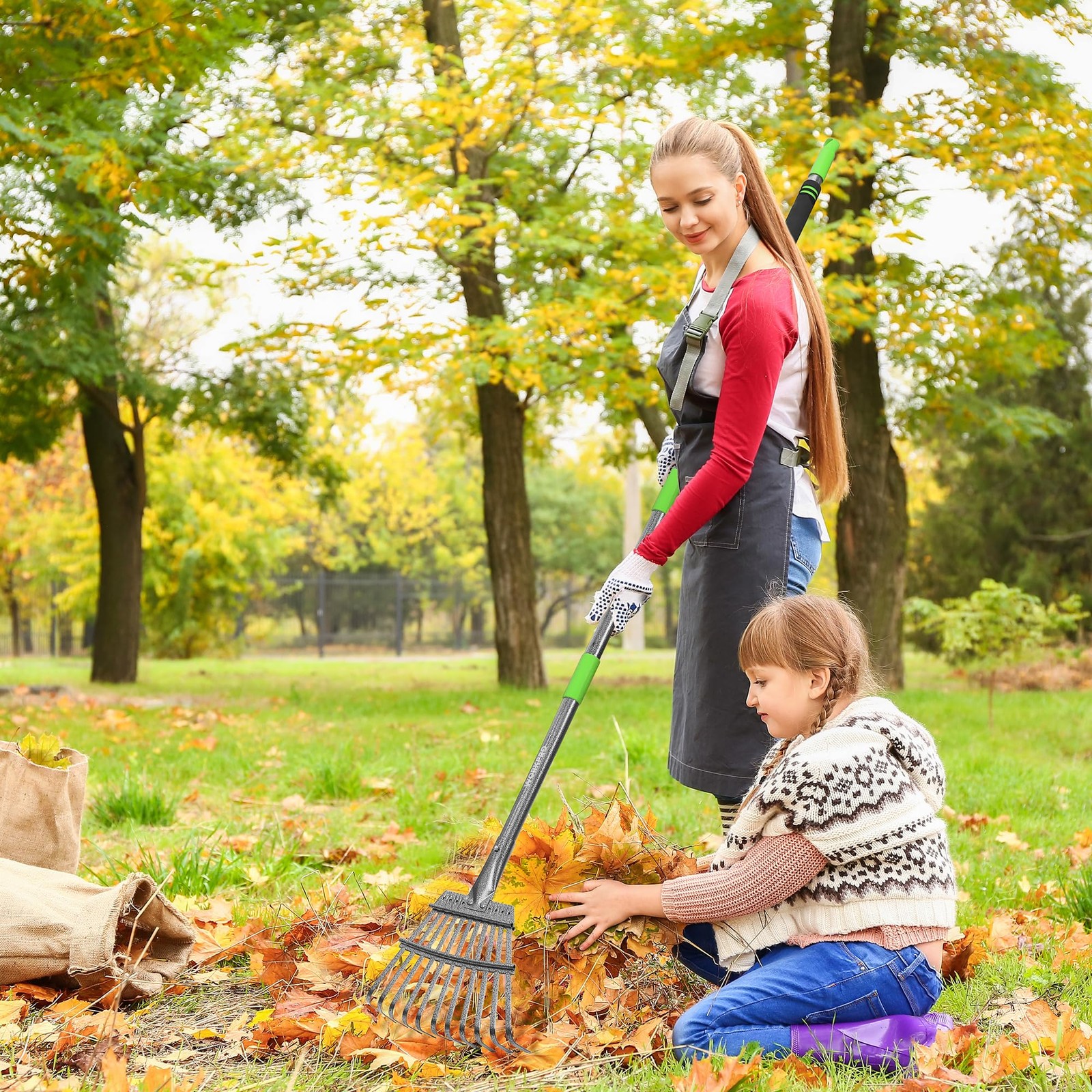 WORKPRO Rake, Small Rake for Leaves with 72” Adjustable Long Green & Black