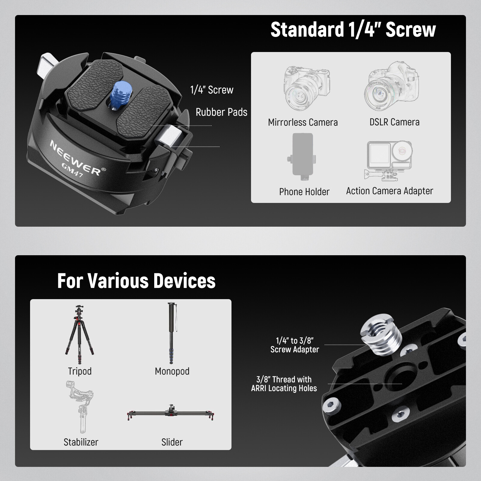 NEEWER Quick Release Plate Kit Auto Lock Square QR Camera Tripod Mount Plate