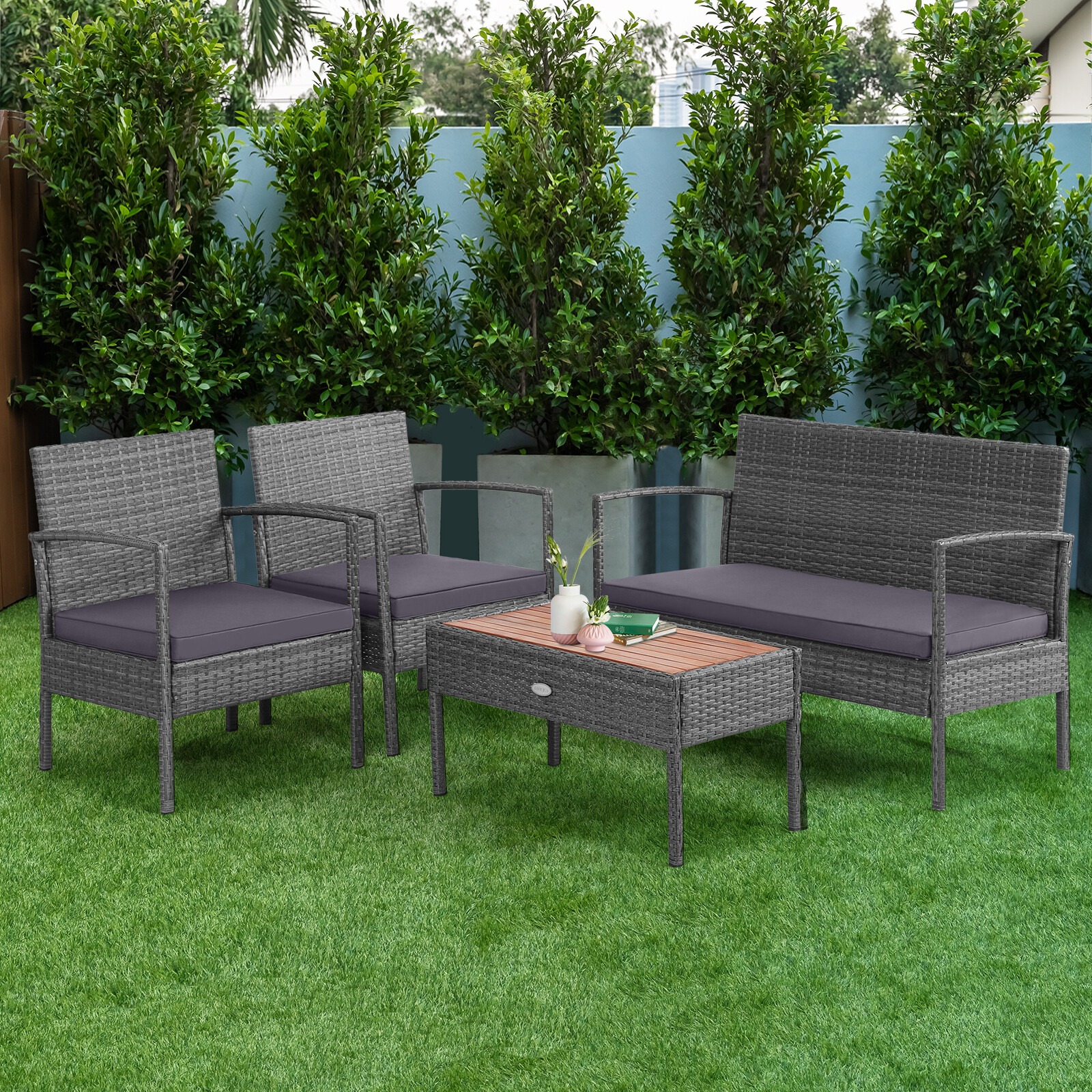 4PCS Patio Rattan Furniture Set Cushioned Chair Wooden Tabletop Outdoor Gray