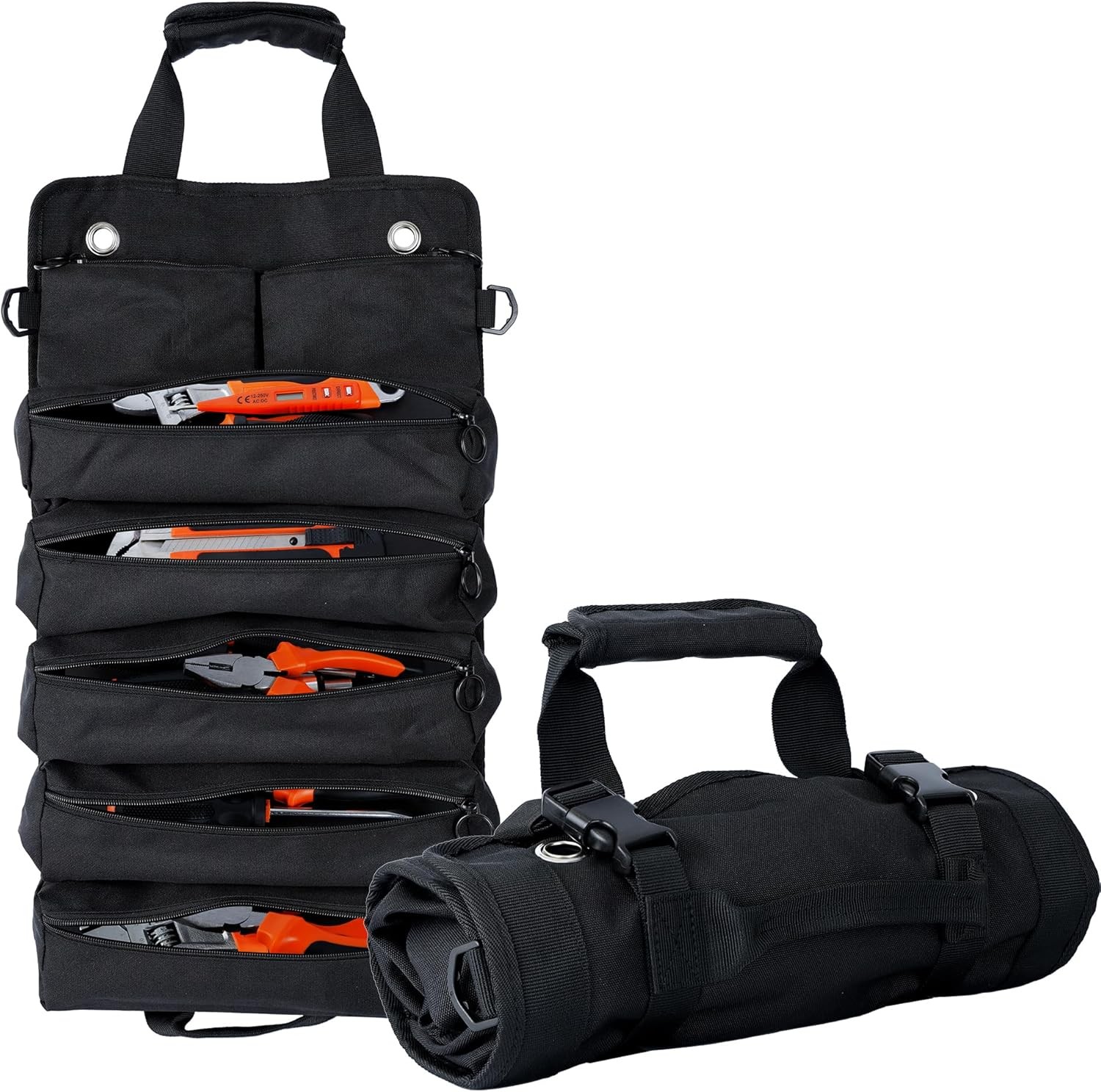 Portable Foldable Roll Up Tool Bag Organizer with 5 Compartments & 2 black