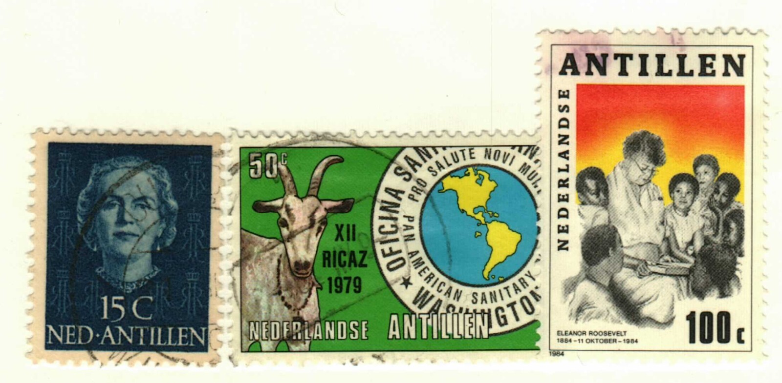 Netherlands Antilles #218, 437, 526 used Eleanor Roosevelt