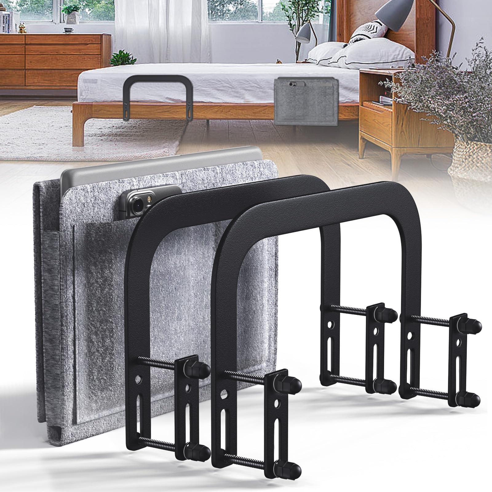 Mattress Slide Stopper With Bedside Caddy For Metal Frame Extra Tall Adjustab...