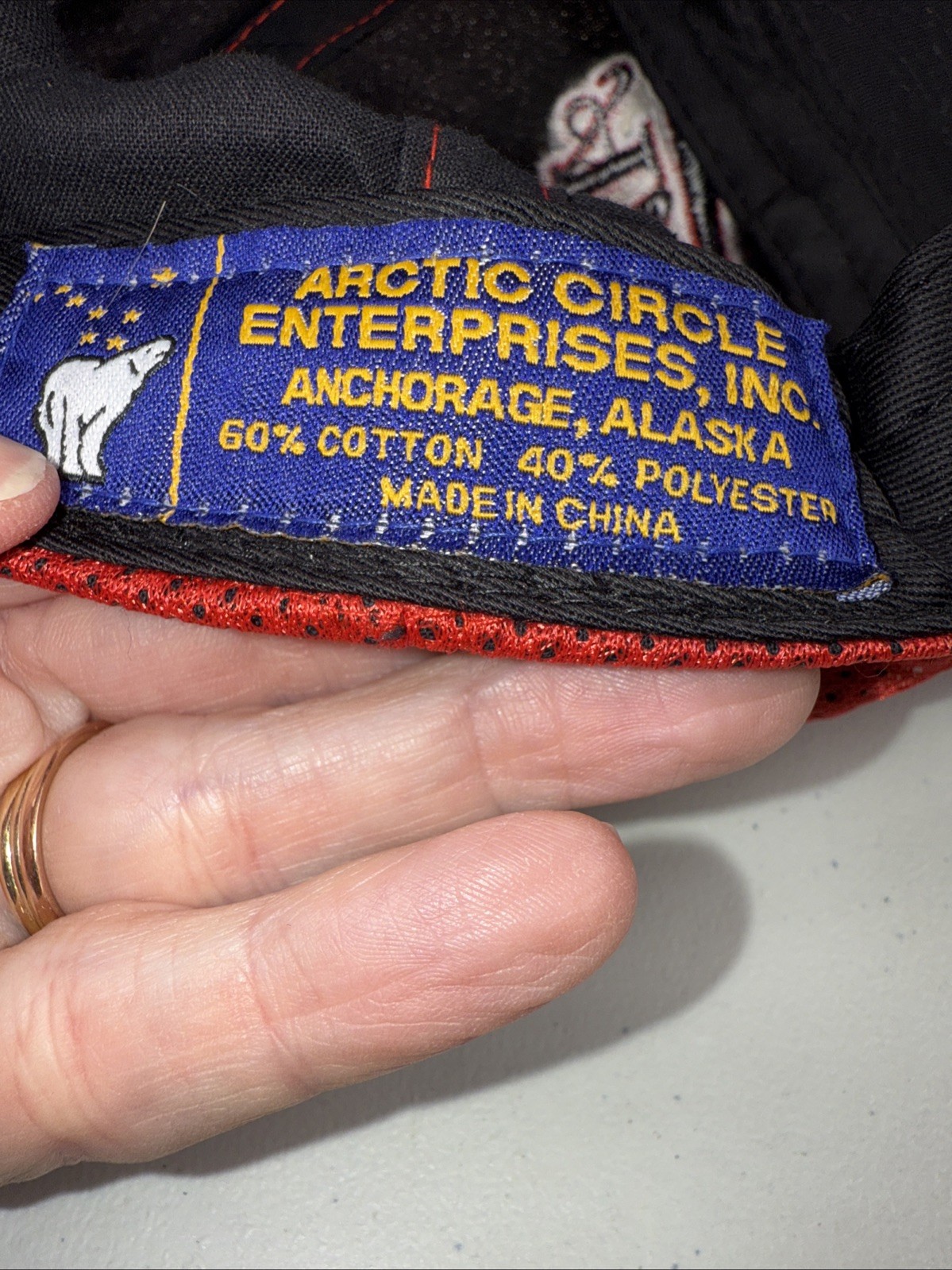 ALASKA in Script on Red w Black Accented Hat Cap Vented Fabric Hook Loop