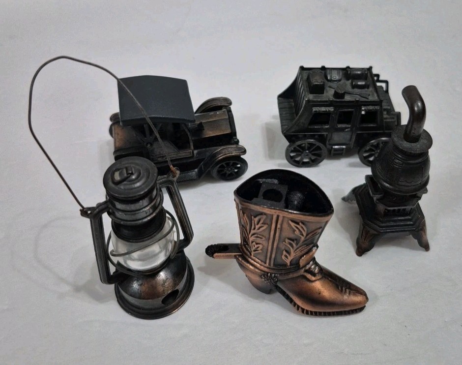 Vintage Lot/5 Metal Die Cast Pencil Sharpeners Car Wagon Boot Lantern Stove