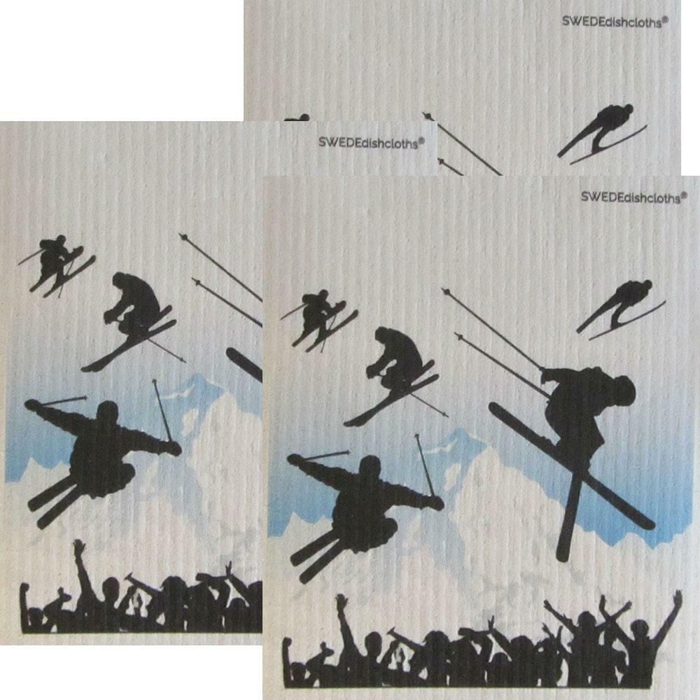 Ski Jumping Set of 3 each on white Swedish Dishcloths | ECO Friendly Absorbent C